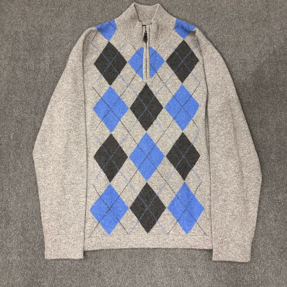 Allen Solly 100% 2 Ply Cashmere 1/4 Zip Knit Sweater Grey Argyle Preppy Mens L
